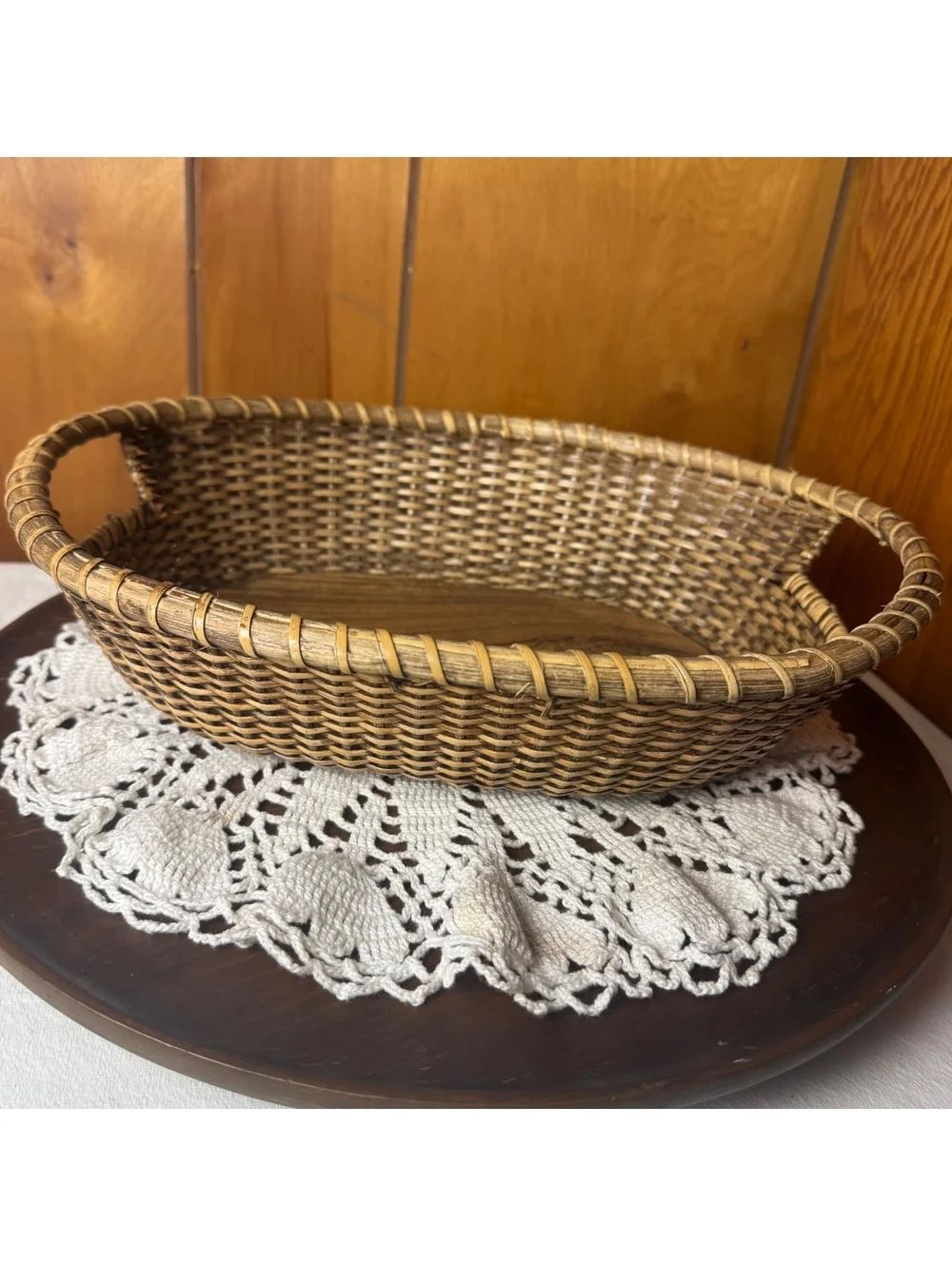 Vintage Woven Basket Stonewall Kitchen Wood Bottom Serving Tray 14 Inch